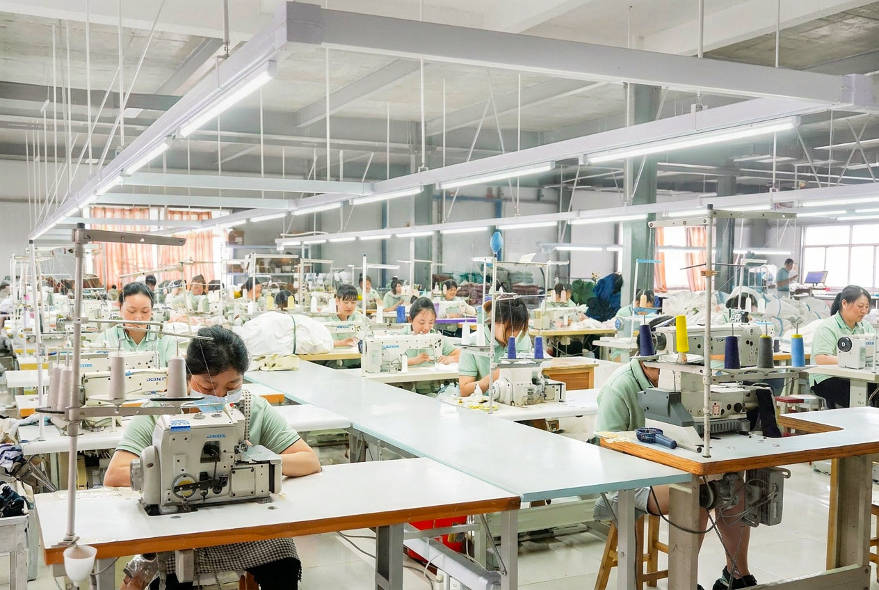 Kids Wear Factory -- production floor with organic fabrics