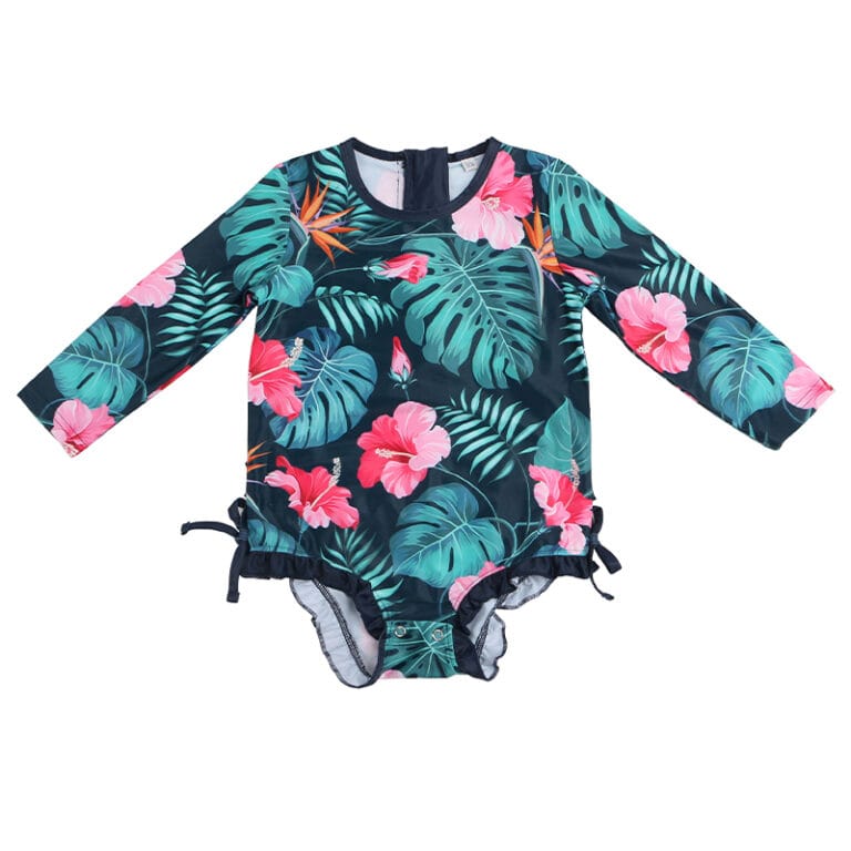 Custom 100% Polyester Infant Girls Long Sleeve Swimsuit – Tropical Floral Rash Guard Bodysuit