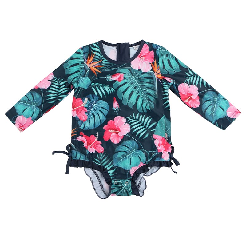 Custom 100% Polyester Infant Girls Long Sleeve Swimsuit – Tropical Floral Rash Guard Bodysuit