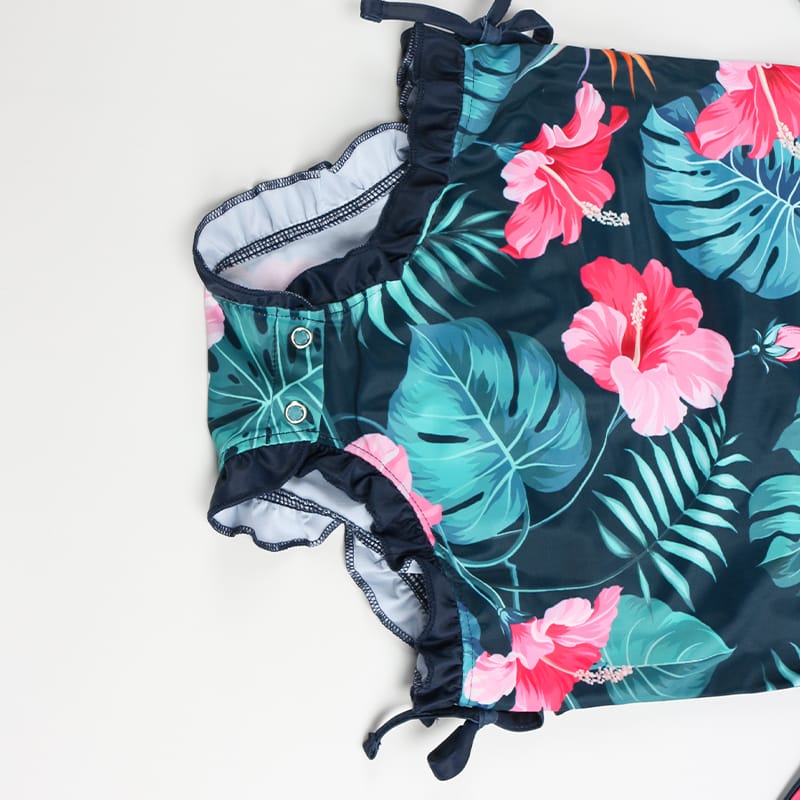 Custom 100% Polyester Infant Girls Long Sleeve Swimsuit – Tropical Floral Rash Guard Bodysuit