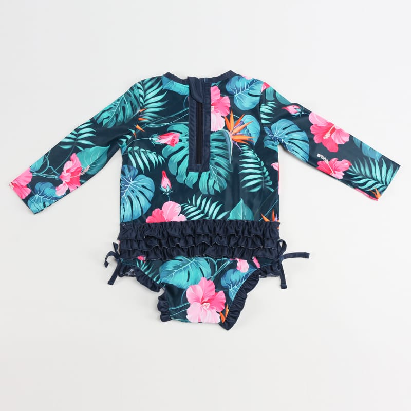 Custom 100% Polyester Infant Girls Long Sleeve Swimsuit – Tropical Floral Rash Guard Bodysuit